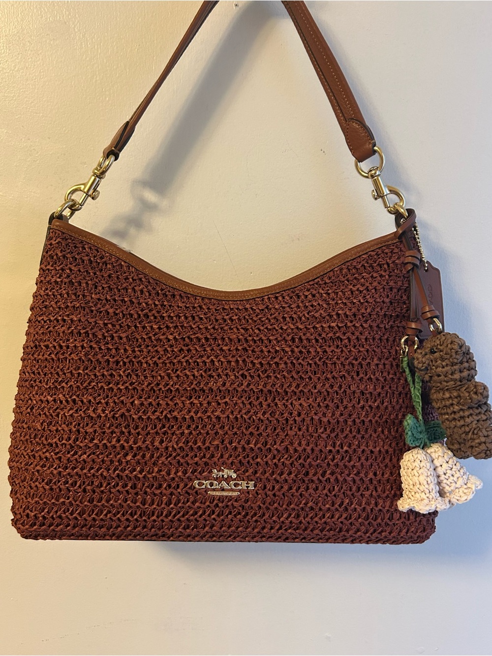 Coach Woven Shoulder Bag in Brick Brown with Leather Trim